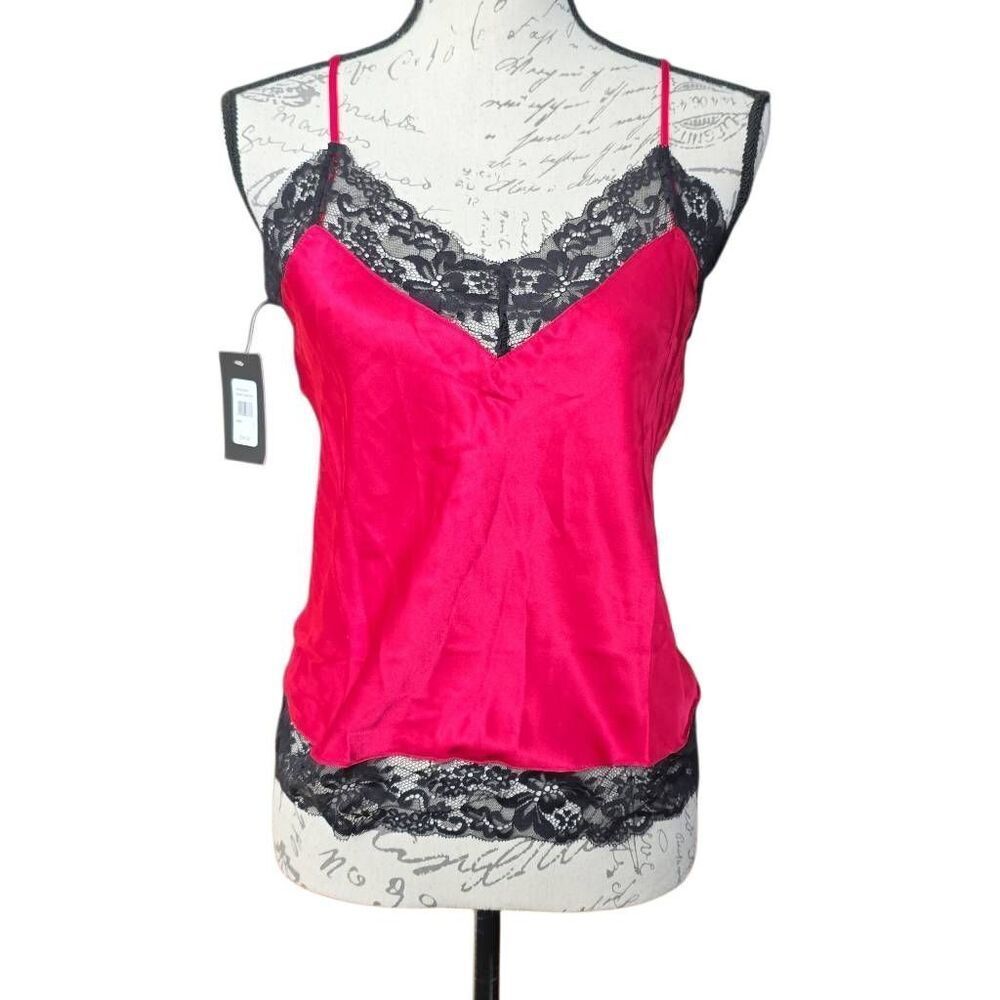 Fredricks of Hollywood Women's Small Red Black Satin Lace Edge Cami Shortie Set